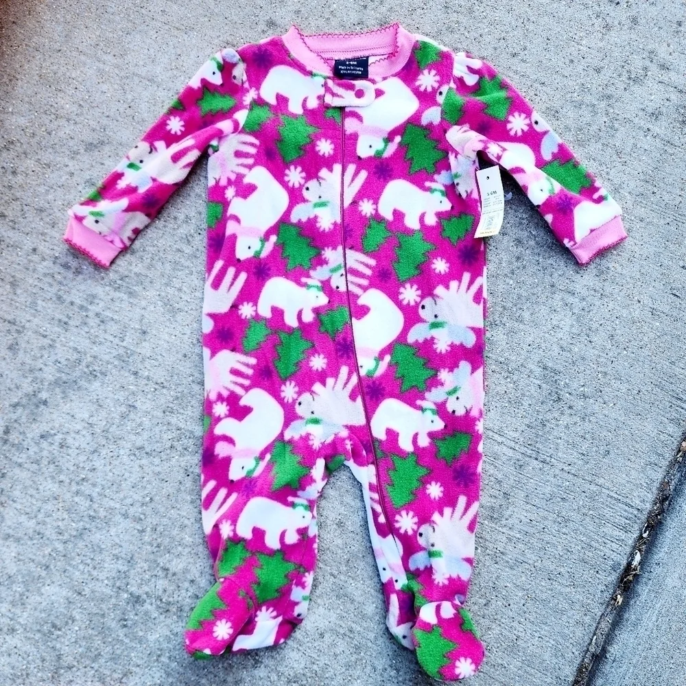 NWT Faded Glory Pink Fleece Polar Bear Footed Onsie Baby Size 3-6M Christmas New